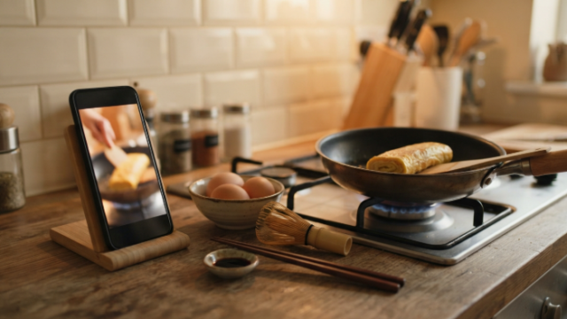 Phone showing a cooking video next to a pan with a rolled omelette