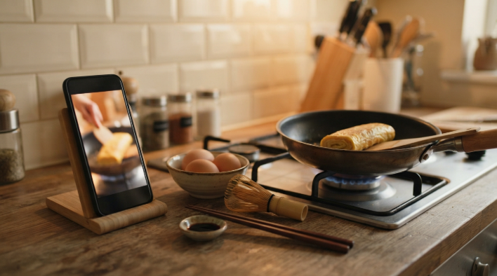 Phone showing a cooking video next to a pan with a rolled omelette