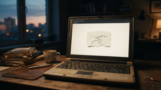 Old laptop at dusk showing a missing web page illustration