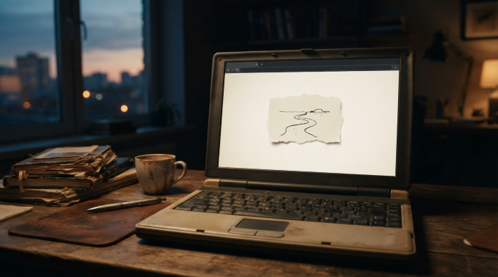 Old laptop at dusk showing a missing web page illustration