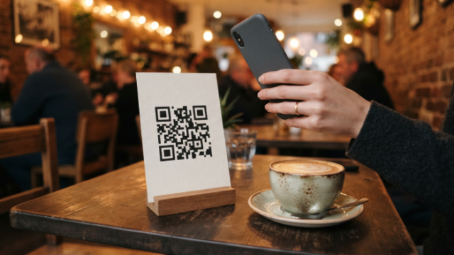 Customer scanning a QR code menu on a cafe table