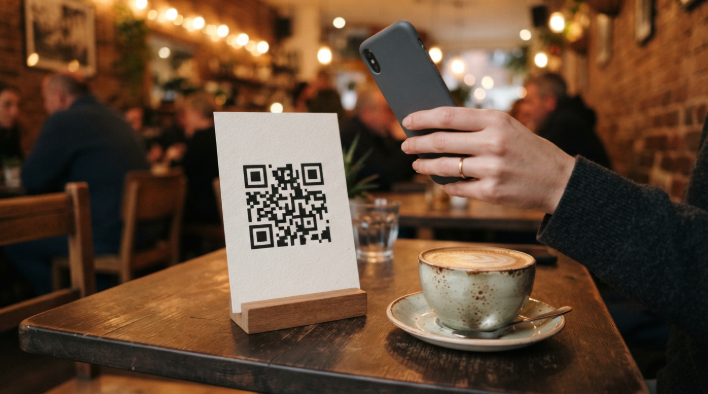 Customer scanning a QR code menu on a cafe table