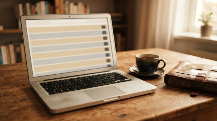 Laptop showing an old email inbox next to a cup of tea and a photo album