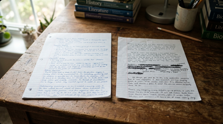 Two homework papers side by side on a desk, one neater and one shorter with a crossed-out word