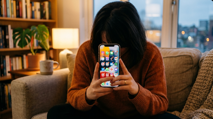 Person on a couch looking at a smartphone screen filled with app icons and subscription notification badges