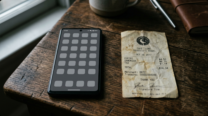 Smartphone with a blank grayed-out app icon grid next to an old receipt on a wooden desk