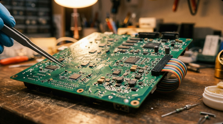 Small green circuit board resting on a wooden workbench next to a screwdriver and multimeter