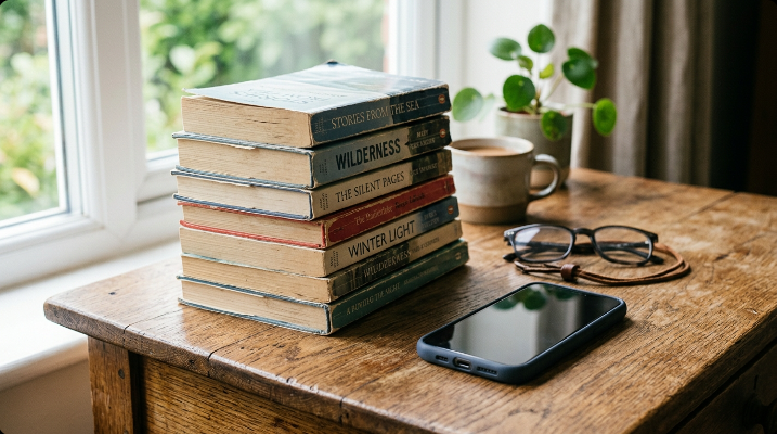 A stack of physical books on a wooden desk beside a smartphone with a dark screen, a hand reaching for a book instead of the phone in natural window light