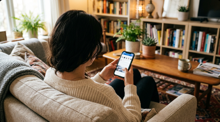 A woman sitting on a couch looking thoughtfully at a smartphone with a missed call notification, soft natural light from a window