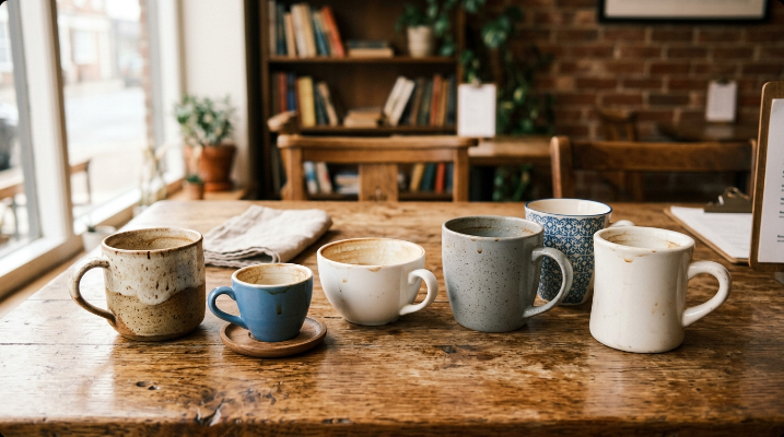 A man sits alone at a table with six empty coffee cups, looking at his phone instead of the friends who once filled those seats