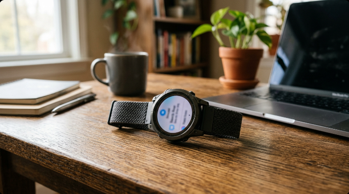Close-up of a hand dismissing a smartwatch notification while working at a laptop