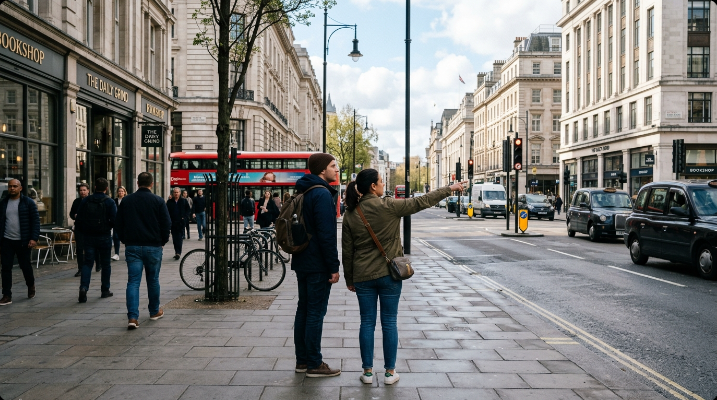 Person asking a stranger for directions on a city street corner, both pointing toward a street sign