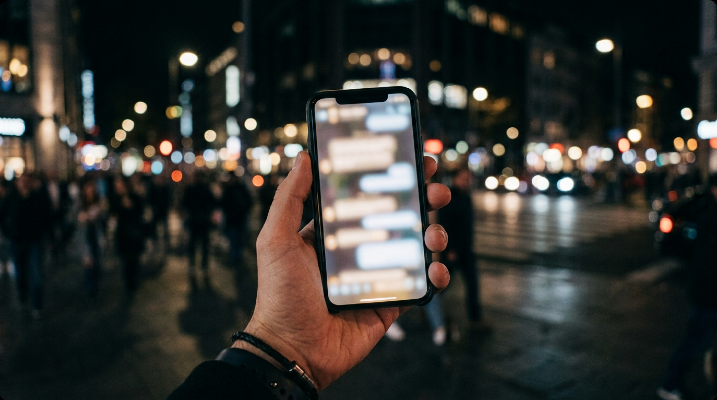 Close-up of a hand holding a smartphone showing a glowing chat conversation interface at night
