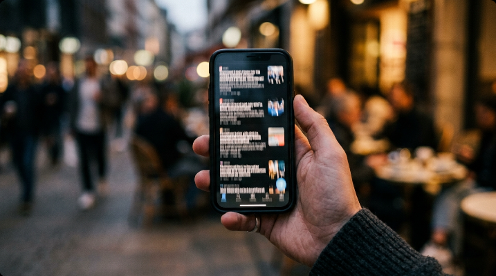 Close-up of hands scrolling through a busy grid of headline thumbnails on a smartphone