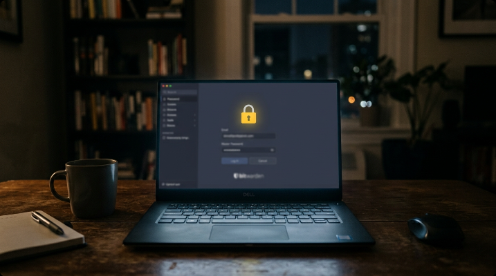 Hand holding a smartphone with a fingerprint scan icon on the screen, coffee and laptop nearby
