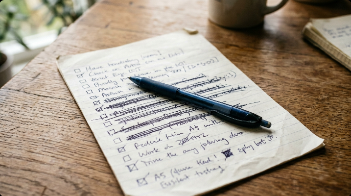 Close-up of a hand crossing out and rewriting items on a printed to-do list with coffee nearby