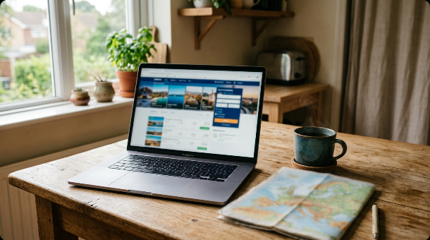 Open laptop showing a travel booking website next to a paper map and coffee on a kitchen table
