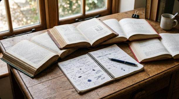 Several open reference books and a handwritten notebook spread across a wooden desk