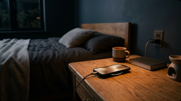 Smartphone charging on a wooden nightstand at night with warm lamp light