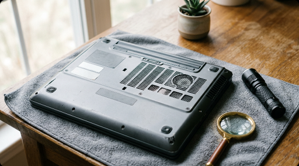 A laptop turned upside down on a desk showing its underside and cooling vents, with a flashlight and magnifying glass nearby for inspection