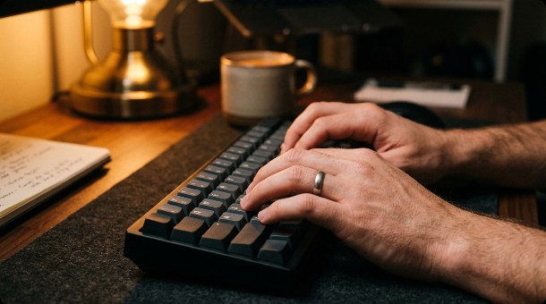 Close-up of hands typing on a mechanical keyboard with a desk lamp and coffee cup in the warm-lit background