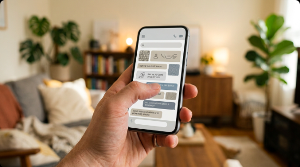 A hand holding a smartphone scrolling through a blurred generic chat conversation, cozy living room in the background