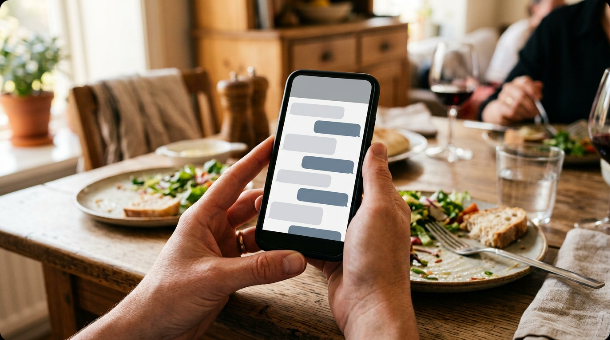 Hands holding a smartphone at a dining table showing a blurred generic group chat conversation