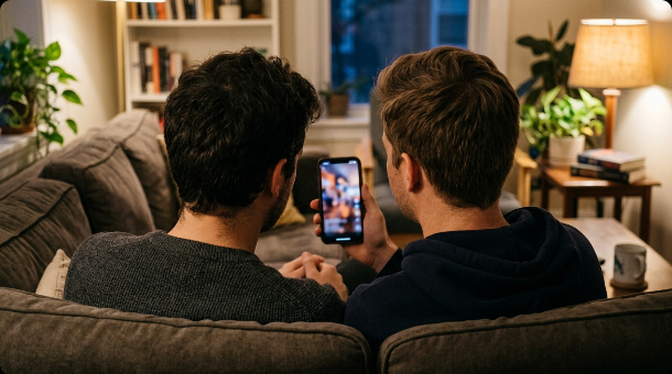 Over-the-shoulder view of two people sitting together on a couch looking at a smartphone with a blurred video feed
