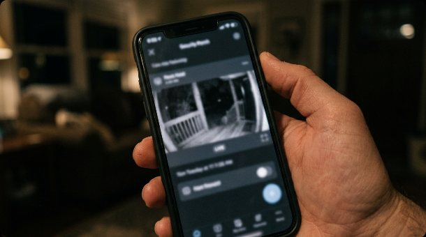 A hand holding a smartphone showing a grainy black and white security camera feed of a front porch