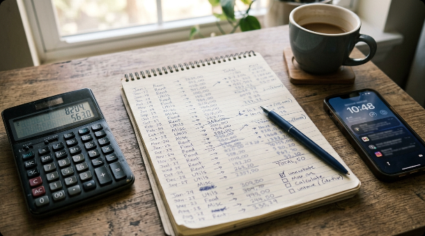 A handwritten budget notepad with a calculator and smartphone on a wooden desk, coffee cup nearby