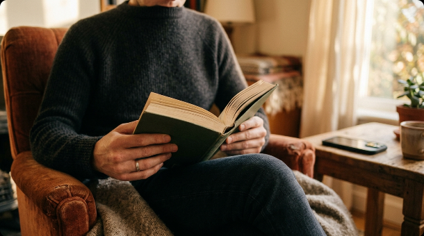 Hands holding an open book while reading in a cozy armchair, a smartphone lying face down in the background