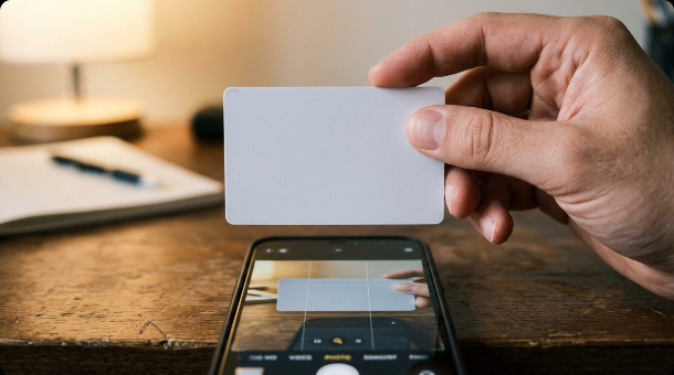 A hand holding a blank identification card above a smartphone camera to photograph it