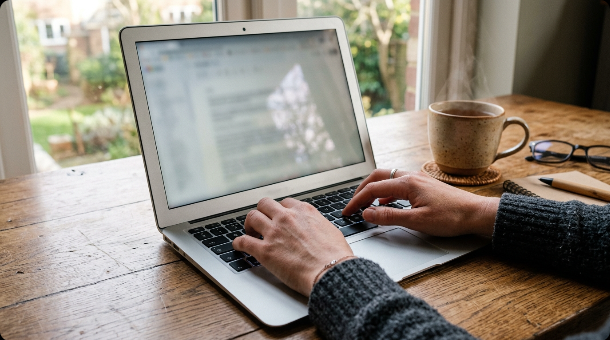Hands typing on a laptop keyboard at a wooden desk with a steaming mug of tea and morning window light