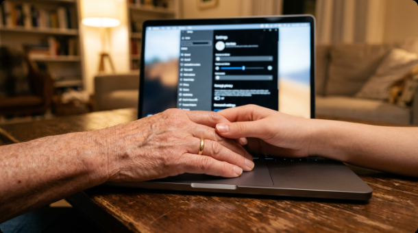 An older hand and a younger hand touching on a laptop trackpad with a settings menu open on screen