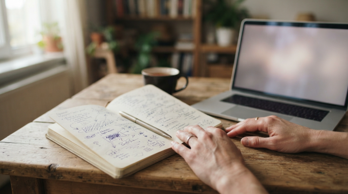 Hands resting beside an open paper notebook with handwritten meeting notes