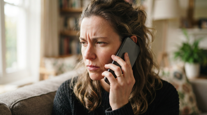 Worried person listening to a phone call at home