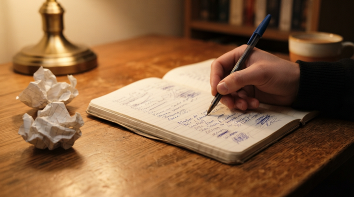 Close-up of handwriting a first draft in a paper notebook