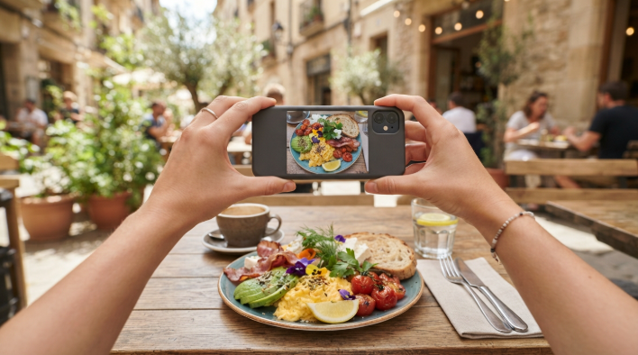 Taking a photo of a breakfast plate with a budget phone at an outdoor cafe