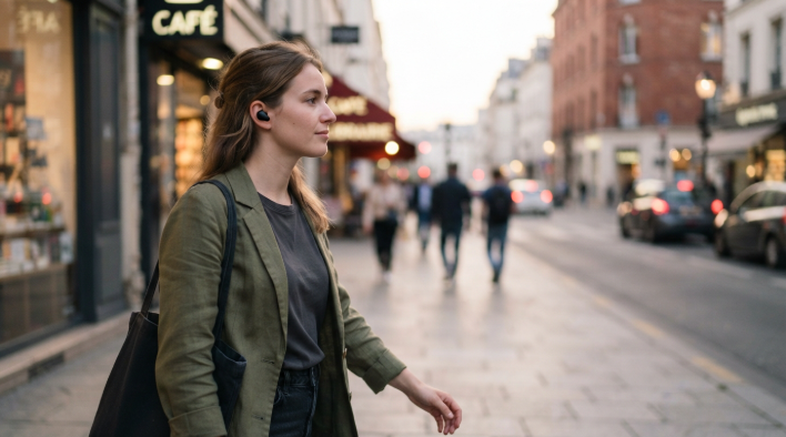 Person walking on a city street wearing wireless earbuds