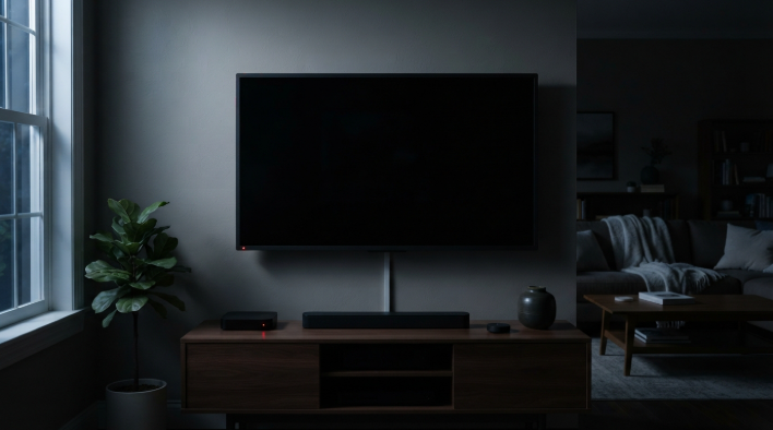 Living room TV and media devices at night with standby lights on