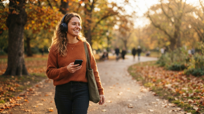 Woman smiling while listening to a voice note on a walk in an autumn park