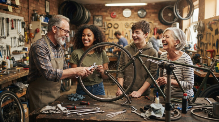 People of different ages laughing while fixing a bicycle together in a workshop