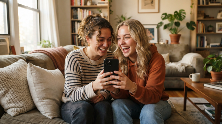 Two friends laughing at a screenshot on a phone on the couch