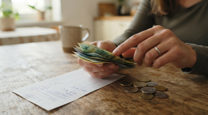 Hands counting cash and coins next to a handwritten weekly budget