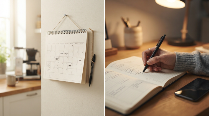 Wall calendar and hand writing an appointment in a paper planner