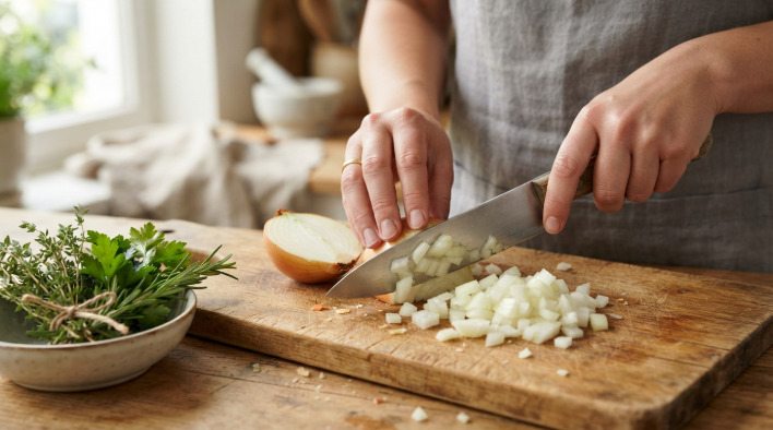 Hands dicing an onion on a wooden cutting board