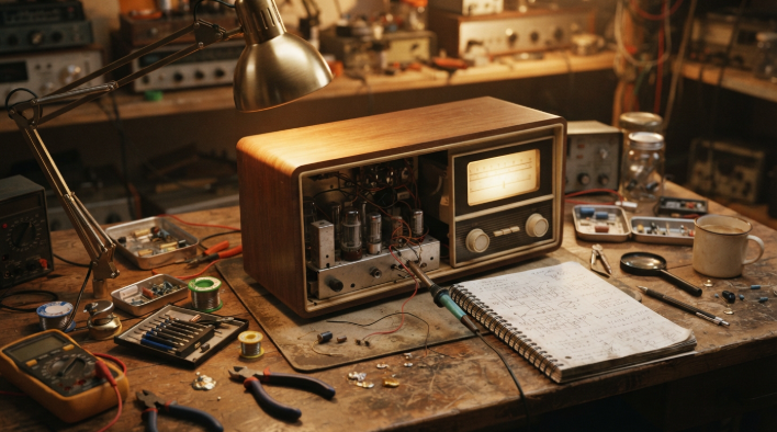 Vintage radio being repaired on a workbench with handwritten notes