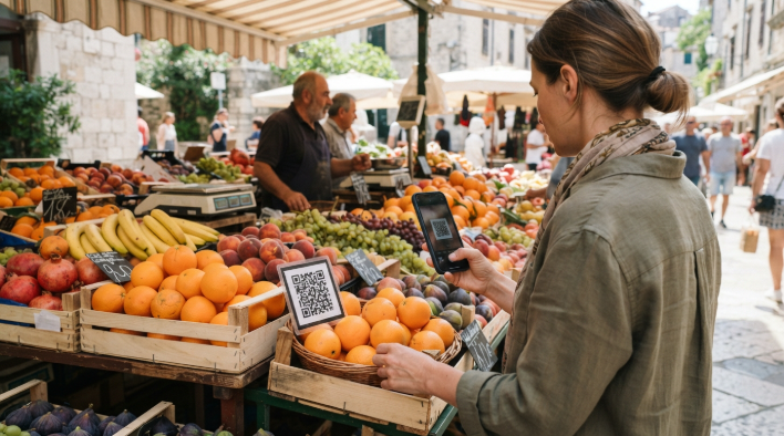 Shopper scanning a QR code sign at a street market fruit stall