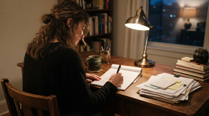 Person writing a checklist of accounts linked to an old email address