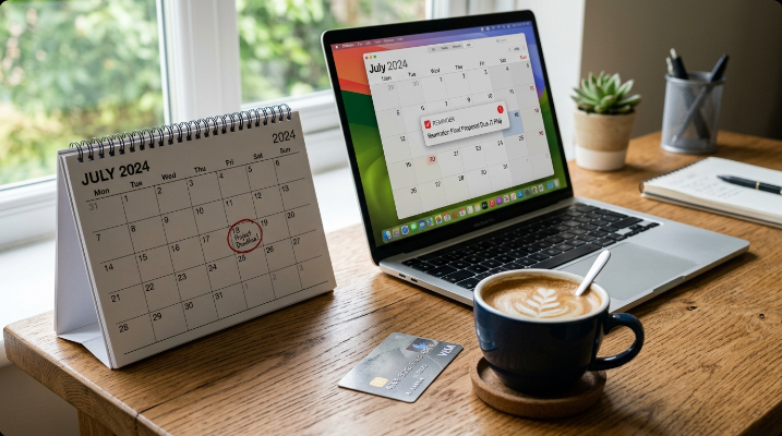 Desk calendar next to an open laptop showing a calendar reminder icon, with a cup of coffee and a credit card on a wooden desk